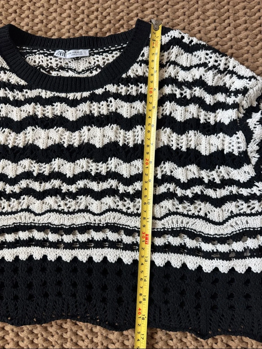 ZARA Black & White Open-Knit Striped Crochet Crop Sweater Top Women’s Size Small